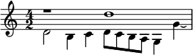 << \relative d'' { \time 4/2 r1 d1 } \\ \relative d' { d2 b4 c d8 c b a g4 g'\laissezVibrer } >>