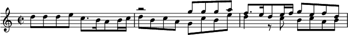 << \relative g'' { s1 | r2 g8 g g a f8. e16 d8 e16 f g8 e f d } \\ \relative d'' { \time 2/2 d8 d d e c8. b16 a8 b16 c d8 b c a g c b e d4 r8 c b c a b } >>