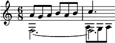 << \relative a' { \time 6/8 a8 g a b a b c4. } \\ \relative f { f2.~2.*1/2 } \\ \\ \relative a { s2. a8 g a } >>