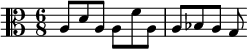 \relative a { \clef alto \time 6/8 a8 d a a f' a, a bes a g }