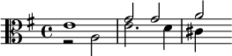 {\clef alto \key g \major << \relative e' { e1 g2 g a } \\ \relative a { r2 a e'2. d4 cis } >>}