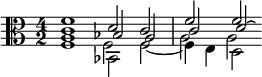 { \time 4/2 \clef alto << \relative f' { f1 d2 c f f } \\ \relative f { f1 bes,2 f'~ f4 e d2 } \\ \relative c' { c1 bes2 a c d\laissezVibrer } \\ \relative a { a1 f2 s2 a2 a } >> }