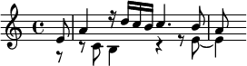 {\partial 8 << \relative e' { e8 a4 r16 d c b c4. b8 a } \\ \relative c' { r8 r c b4 r4 r8 e8~4 } >>}