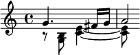 {\partial 2 << \relative g' { g4. fis16 g a2*1/4 } \\ \relative b { r8 <b g> <e c>4~8 } >>}