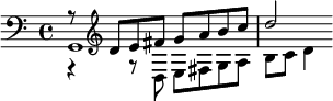 << \relative d' { r8 \clef treble d e fis g a b c | d2 } \\ \relative d { r4 r8 d e fis g a | b c d4 } \\ \relative g, { \clef bass g1 } >>