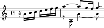 {\partial 2 \relative a' { r16 a b c d e f g  } << \relative a'' { a4~8 g16 f g4*1/2\laissezVibrer } \\ \relative a { r8 a a'4~8 } >>}