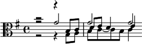 {\clef alto \key g \major <<\relative g' { r2 g g g2*1/2 } \\ \relative g { r2 r4 g8 a b c~c b c4 } \\ \relative b { r2 r4 b8 c d e d4 e4 } >>}