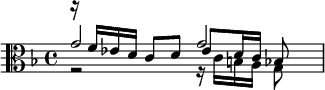 {\key f \major \clef alto << \relative g' { g2 g  } \\ \relative c' { r2 r16 c b a g8 } \\ \relative f' { r16 f ees d c8 d ees d16 c bes8  } >>}