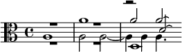 {\clef alto << \relative a' { R1 a a2 2\laissezVibrer  \bar "" } \\ \relative d { R1 R1 d } \\ \relative d' { R1 R1 r2 d\laissezVibrer } \\ \relative a { a1 a2 a2~4 4 4. } >>}