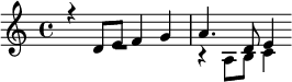 << \relative d' { r4 d8 e f4 g a4. d,8 e4 } \\ \relative a { R1 r4 a8 b c4 } >>
