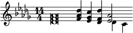 {\key des \major \time 14/4 \relative des' { <des f aes>\breve <f aes des>4 <ees ges c> <des f des'> } << <ees' aes'>2 \\ { des'4 c' } >>}