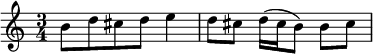 {\time 3/4 \relative b' { b8 d cis d e4 d8 cis d16( cis b8) b cis }}