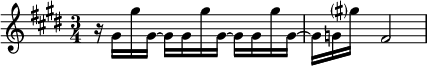 {\key cis \minor \time 3/4 \relative gis' { r16 gis gis' gis,~gis gis gis' gis,~gis gis gis' gis,~gis g gis'? s16 fis,2 }}