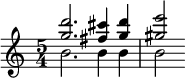 {\time 5/4 << \relative g'' { <g d'>2. <fis cis'>4 <g d'> <gis e'>2 } \\ \relative b' { b2. 4 4 2 } >>}