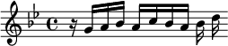 {\key g \minor \relative g' { r16 g a bes a c bes a bes d }}