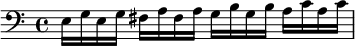 \relative e { \clef bass e16 g e g fis a fis a g b g b a c a c }
