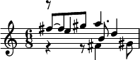 << \relative fis'' { \time 6/8 fis8~8 gis a4. } \\ \relative fis' { r4 r8 fis4 gis8 } \\ \relative e'' { r8 e4 b8 d4 } >>