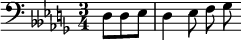 {\time 3/4 \partial 4. \clef bass \relative d { \set Staff.keyAlterations = #`((6 . ,FLAT)(6 . ,FLAT) (2 . ,FLAT) (5 . ,FLAT) (1 . ,NATURAL) (4 . ,FLAT)) d8 d ees d4 ees8 f ges }}