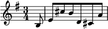 \relative b { \time 3/4 \key g \major \partial 8 b8 e cis' b d, cis a' }