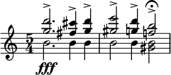 << \relative g'' { \time 5/4 <g d'>2.->\fff <fis cis'>4-> <g d'>-> | <gis e'>2-> <g d'>4-> <f! b>2->-\fermata } \\ \relative b' { b2. b4 b | b2 b4 <gis b>2 } >>