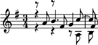 {\key e \minor \time 3/4 << \relative a' { r8 a b4. c8~8 } \\ \relative a { r4 r r8 a b } \\ \relative fis' { r4 r8 fis g4 fis8 }  >>}