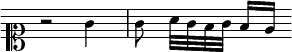  \relative g' { \omit Score.TimeSignature \set Timing.measureLength = #(ly:make-moment 2/4) \clef soprano r2*1/2 g4 g8 a32[ g f g] f16[ e] \bar "" } 