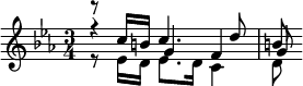 {\key c \minor \time 3/4 << \relative c'' { r8 c16 b c4. d8 b8 } \\ \relative e' {r8 ees16 d ees8. d16 c4 d8 } \\ \relative g' { r4 g f g8 } >>}