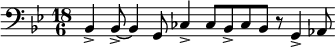 {\time 18/6 \clef bass \key bes \major \relative bes, { bes4_> 8~_>4 g8 ces4_> 8 bes_> ces bes r8 g4_> aes8 }}