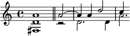 {\relative a' { <a d, fis,>1 } \bar "||" \partial 2 << \relative a' { a2~4 a d2 c4 } \\ \relative c' { r2 d2. d4 a'2.*1/3 } >>}