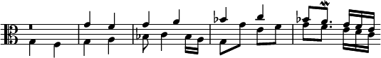  << \clef alto \omit Score.TimeSignature
\relative c' { \set Timing.measureLength = #(ly:make-moment 2/4) e\breve*1/4\rest g4 f g a bes c bes8[ a8.\mordent] g16[ f e] \bar "" }
\\ \relative c' { \set Timing.measureLength = #(ly:make-moment 2/4) g4 f g a bes8 c4 bes16 a g8[ g'] e[ f] g[ f8.] e16[ d c] \bar "" }
>> 