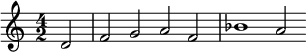 {\time 4/2 \partial 2 \relative d' { d2 f g a f bes1 a2 }}