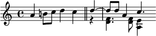 {\relative a' { a4 b!8 c d4 c } \bar "||" \partial 4 << \relative d'' { d4~d8 d a4 c4. } \\ \relative d' { r4 <d f>4. 8 <e a,>4 } >>}