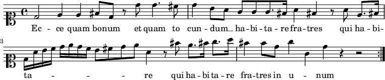 \relative d' {
  \autoBeamOff
  \time 4/2
  \once \override Staff.TimeSignature.stencil = #ly:text-interface::print
  \once\override Staff.TimeSignature.text = \markup { \musicglyph "timesig.C44" }
  \clef soprano
  \accidentalStyle forget
  d2 e4 e fis8[ d] r8 d' d4. cis8 | d4 b8[ a] g8[ g g8. fis16] a4 fis r8 a e8.[ fis16] | d16[ a' b c] d[ e d c] b8[ cis d e] a,4 r8 fis' e8.[ fis16] g8.[ a16] | fis4 f8[ d] g4 g, d' r4 r2 \bar ":|."
} \addlyrics {
  \set ignoreMelismata = ##t
  Ec -- ce quam bo -- num et quam to cun -- dum __ _ ha -- bi -- ta -- re fra -- tres qui ha -- bi -- ta --  _ _ _ _ _ _ _ _ _ _ _ re qui ha -- bi -- ta -- re fra -- tres in u -- _ num
}