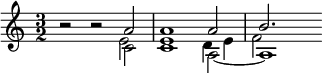 {\time 3/2 r2 r2 << \relative a' { a2 a1 a2 b2. } \\ \relative c' { c2 c1 a2~a1 } \\ \\ \relative e' { e2 1 d4 e f2 } >>}