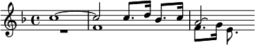 {\key f \major << \relative c'' { c1~2 c8. d16 bes8. c16 a2\laissezVibrer } \\ \relative f' { R1 f1 f8. g16 e8. } >>}