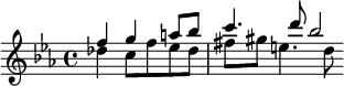 {\key ees \major \partial 2. << \relative f'' { f4 g4 a8 bes c4. d8 bes2*1/2 \bar "" } \\ \relative des'' { des4 c8 f ees des fis gis e4. d8 } >>}