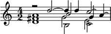 { \time 4/2 \clef treble << \relative d'' { r2 d2~4 d c2\laissezVibrer } \\ \relative d' { d1 b2 c } \\ \relative a' { a1 b2 g4 a\laissezVibrer } \\ \relative fis' { fis1 g2 e } >> }