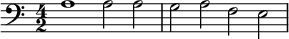 \relative a { \clef bass \time 4/2 a1 a2 a g a f e }