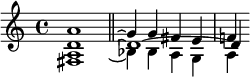 {\relative a' { <a d, a fis>1 } \bar "||" << \relative g' { g4\repeatTie g4 fis e f! } \\ \relative bes { bes4\repeatTie bes a g a4 } \\ \relative d' { d1\repeatTie~4 }  >>}