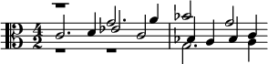 { \time 4/2 \clef alto << \relative g' { r1 g2. a4 bes2 g } \\ \relative g { r1 r1 g2. a4 } \\ \relative c' { c2. d4 ees2 c bes4 a bes c } >> }