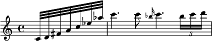 {\partial 4 \relative c' { s32 c32 d fis a c ees aes c4. c8 \grace bes16 c4. \tuplet 3/2 { bes16 c d } }}