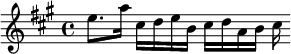 {\key a \major \relative e'' { e8. a16 cis, d e b cis d a b cis }}