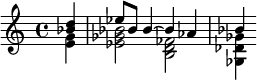 {\partial 4 << \relative d'' { <d bes>4 ees8 bes8 4~4 aes bes4 } \\ \relative e' { <e g>4 <ees ges bes>2 <b d fes> <ges des' ges>4 } >>}