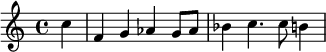 \relative c'' { \partial 4 c4 f, g aes g8 aes | bes4 c4. c8 b4 }