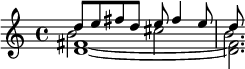 << \relative d'' { d8 e fis d e fis4 e8 d8 } \\ \relative d' { <d fis>1~ 2.*1/6 } \\ \\ \relative b' { b2 cis b2.*1/6 } >>