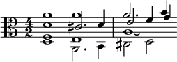 << \relative a' { \clef alto \time 4/2 a1 a1 a2. b4 } \\ \relative d { d1 a2. b4 cis2 d } \\ \relative d' { d1 cis2. d4 e2 f4 g } \\ \relative f { f1 e a\laissezVibrer } >>