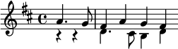 {\key d \major \partial 2 << \relative a' { a4. g8 fis4 a g fis } \\ \relative d' { r4 r4 d4. cis8 b4 d } >> \bar ""}