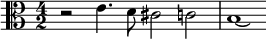 \relative e' { \time 4/2 \clef alto r2 e4. d8 cis2 c | b1*1/2\laissezVibrer }