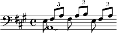 << \relative fis { \tuplet 3/2 4 { \key a \major \clef bass s8 fis a s8 a b s8 fis a  } } \\ a,1*3/4\laissezVibrer \\ \\ \relative e { e8 s fis s e s } >>