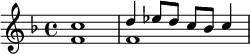 {\key f \major << \relative c'' { c1 d4 ees8 d c bes c4 } \\ \relative f' { f1 f } >>}